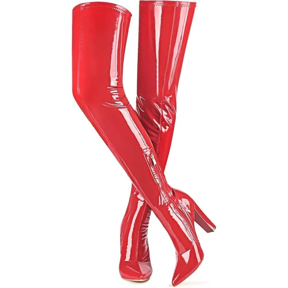 Women Red Chunky Heel Over The Knee Boots Patent Leather PU Stretchy Tall Boot